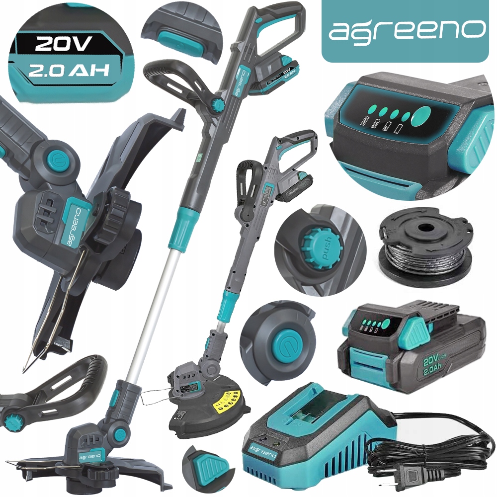 Zestaw akumulatorowej podkaszarki/wykaszarki marki Agreeno, wraz z jej poszczególnymi elementami i akcesoriami.